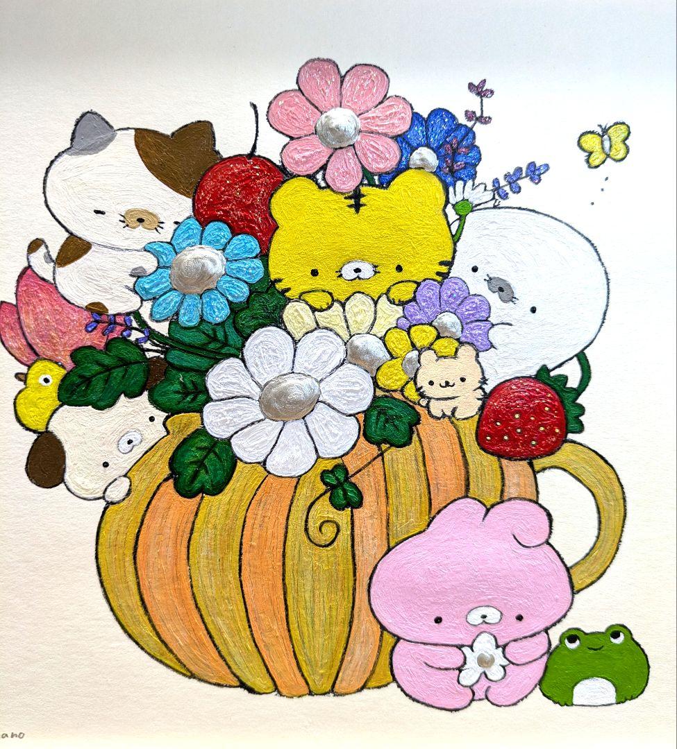 早い物勝ち❗️Xで人気爆上中作家ちはの❗️額付き原画！「お花に集まる動物ちゃん」