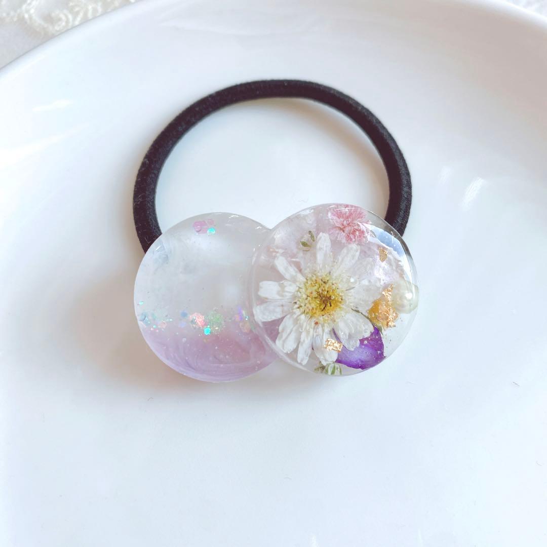 レジンヘアゴム　ダブル　マトリカリア　ラベンダー　ピンク　ビオラ　ミモザ　金箔