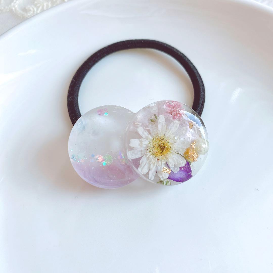 レジンヘアゴム　ダブル　マトリカリア　ラベンダー　ピンク　ビオラ　ミモザ　金箔