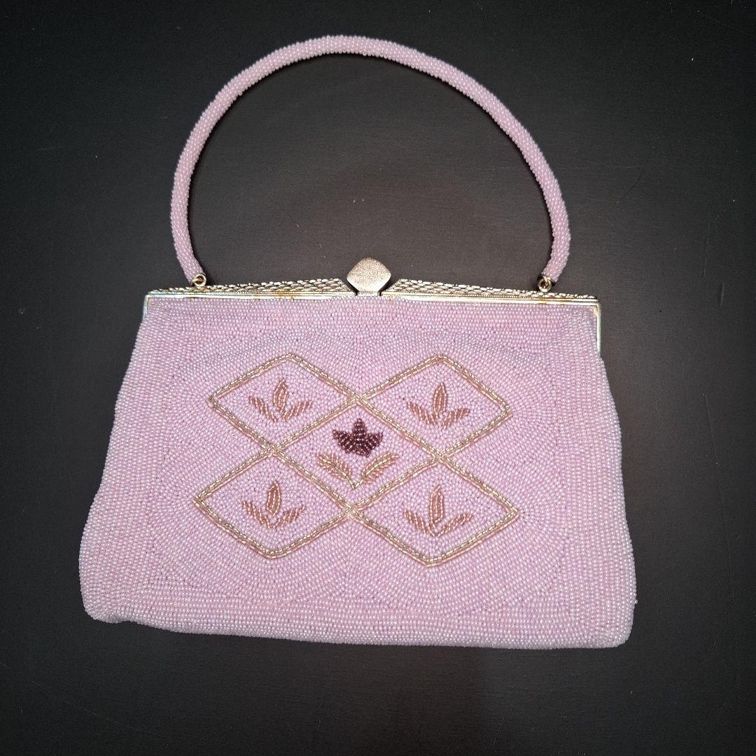 昭和レトロ　【未使用品】　総ビーズバッグ&手鏡付き