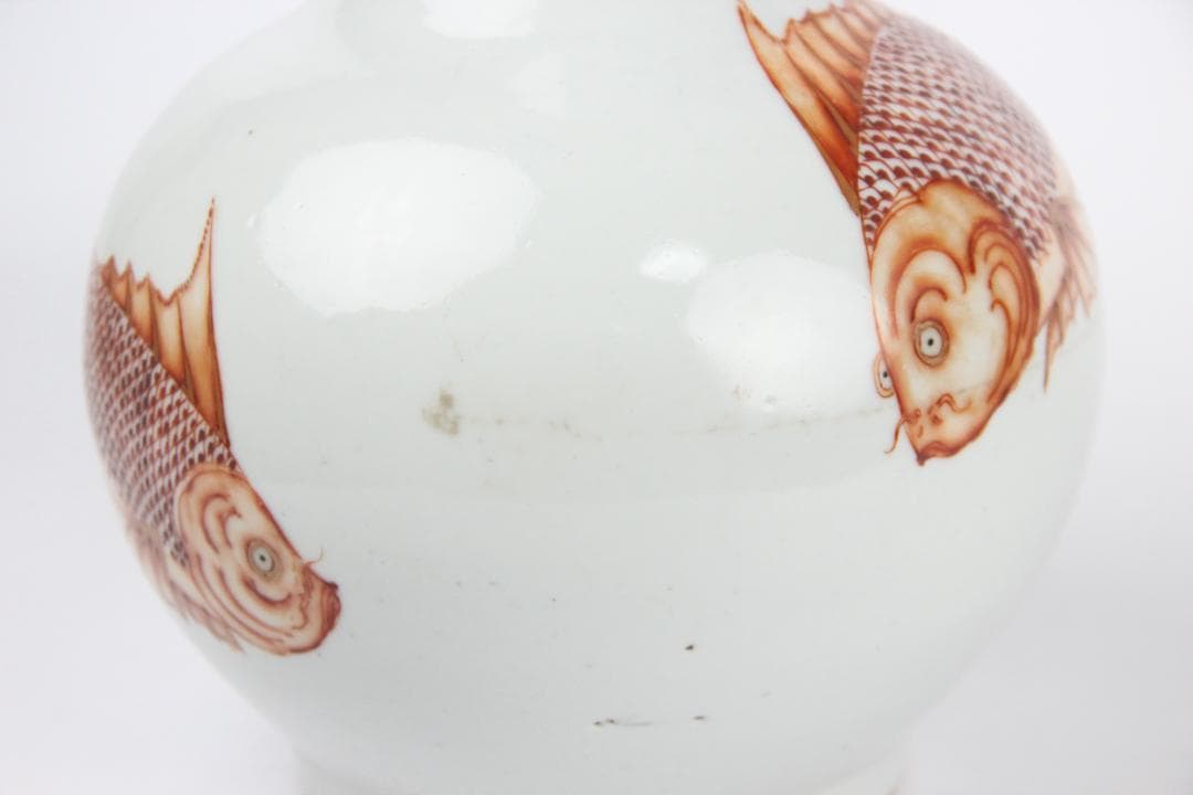中国美術　白地紅彩　魚図　天球瓶　古陶磁器　花瓶 JX2119