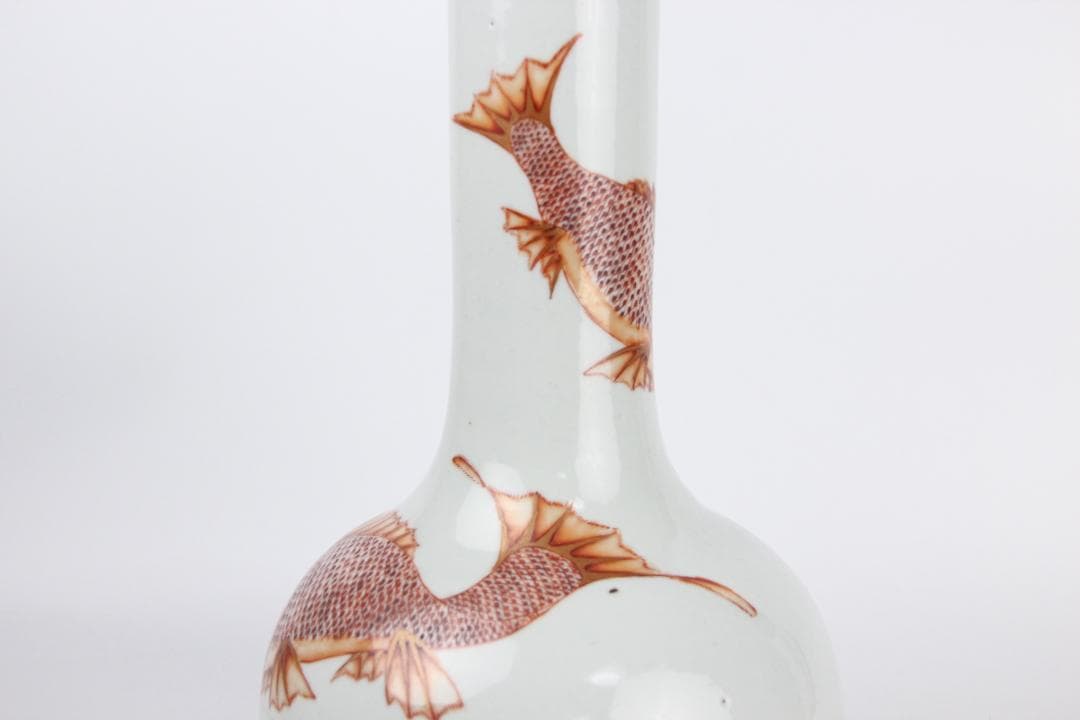中国美術　白地紅彩　魚図　天球瓶　古陶磁器　花瓶 JX2119