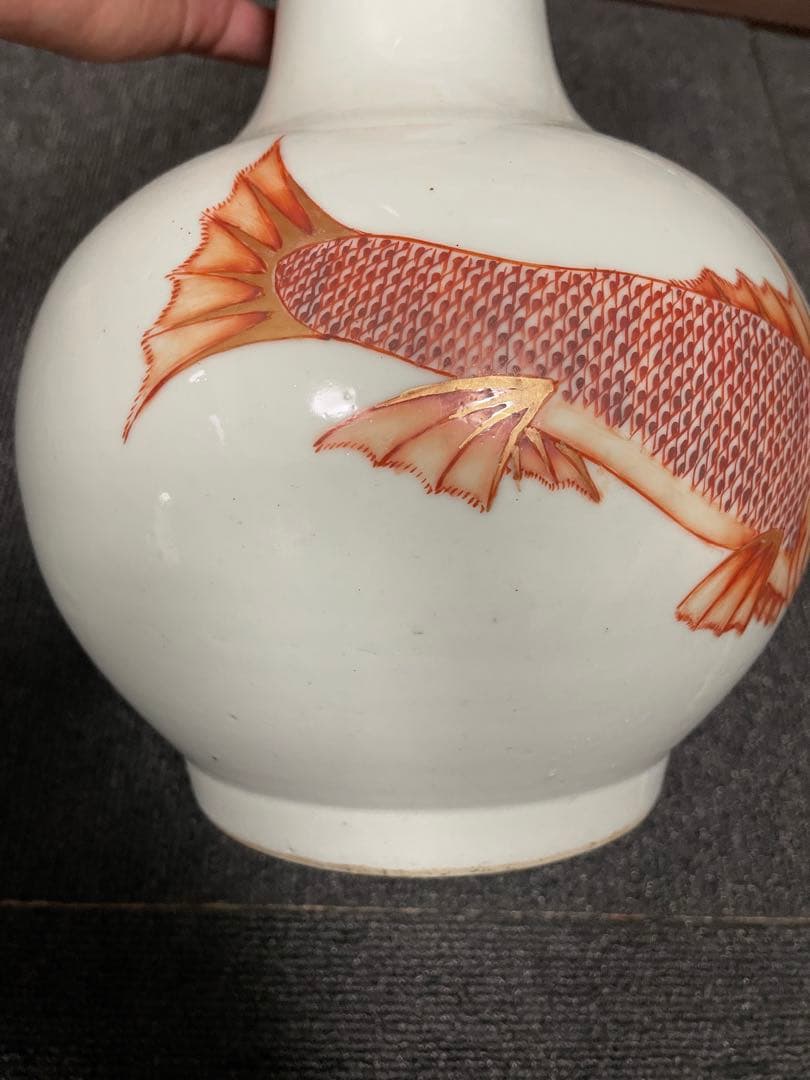 中国美術　白地紅彩　魚図　天球瓶　古陶磁器　花瓶 JX2119