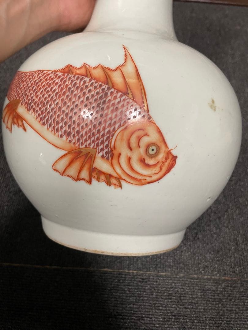 中国美術　白地紅彩　魚図　天球瓶　古陶磁器　花瓶 JX2119