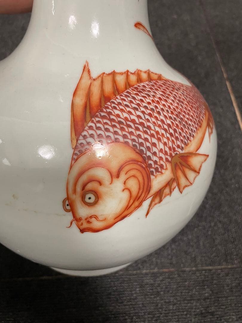 中国美術　白地紅彩　魚図　天球瓶　古陶磁器　花瓶 JX2119