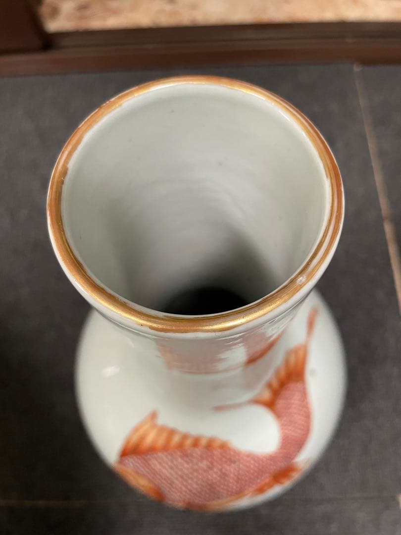 中国美術　白地紅彩　魚図　天球瓶　古陶磁器　花瓶 JX2119