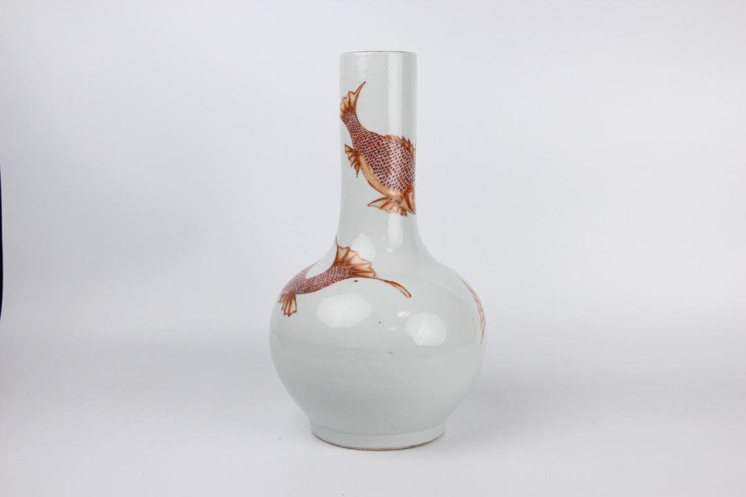 中国美術　白地紅彩　魚図　天球瓶　古陶磁器　花瓶 JX2119