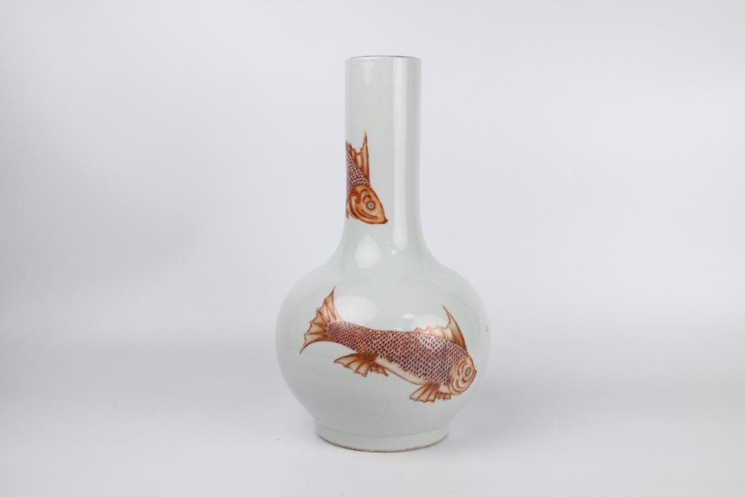 中国美術　白地紅彩　魚図　天球瓶　古陶磁器　花瓶 JX2119