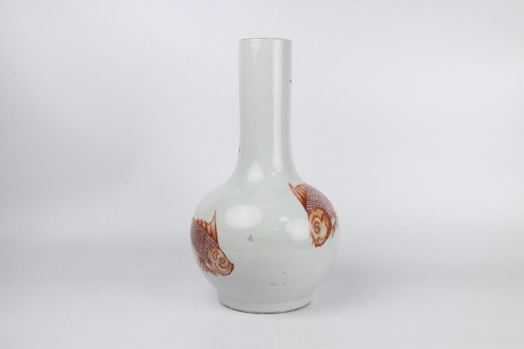 中国美術　白地紅彩　魚図　天球瓶　古陶磁器　花瓶 JX2119