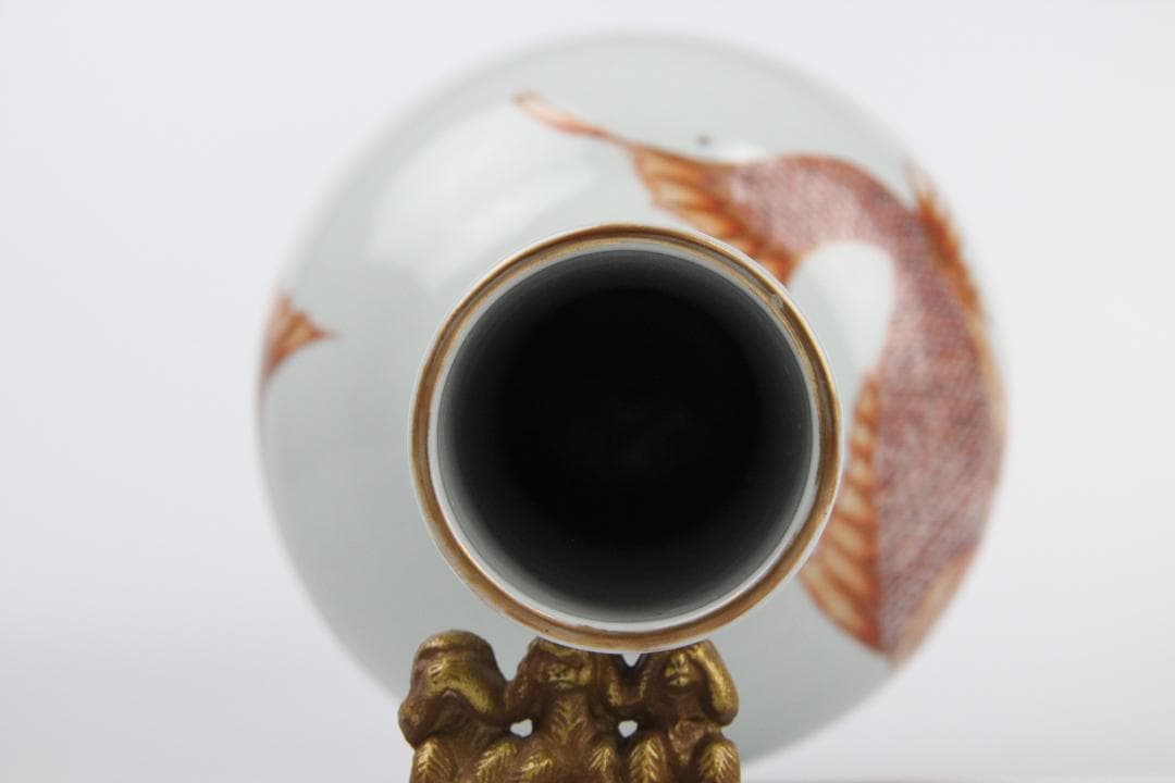 中国美術　白地紅彩　魚図　天球瓶　古陶磁器　花瓶 JX2119