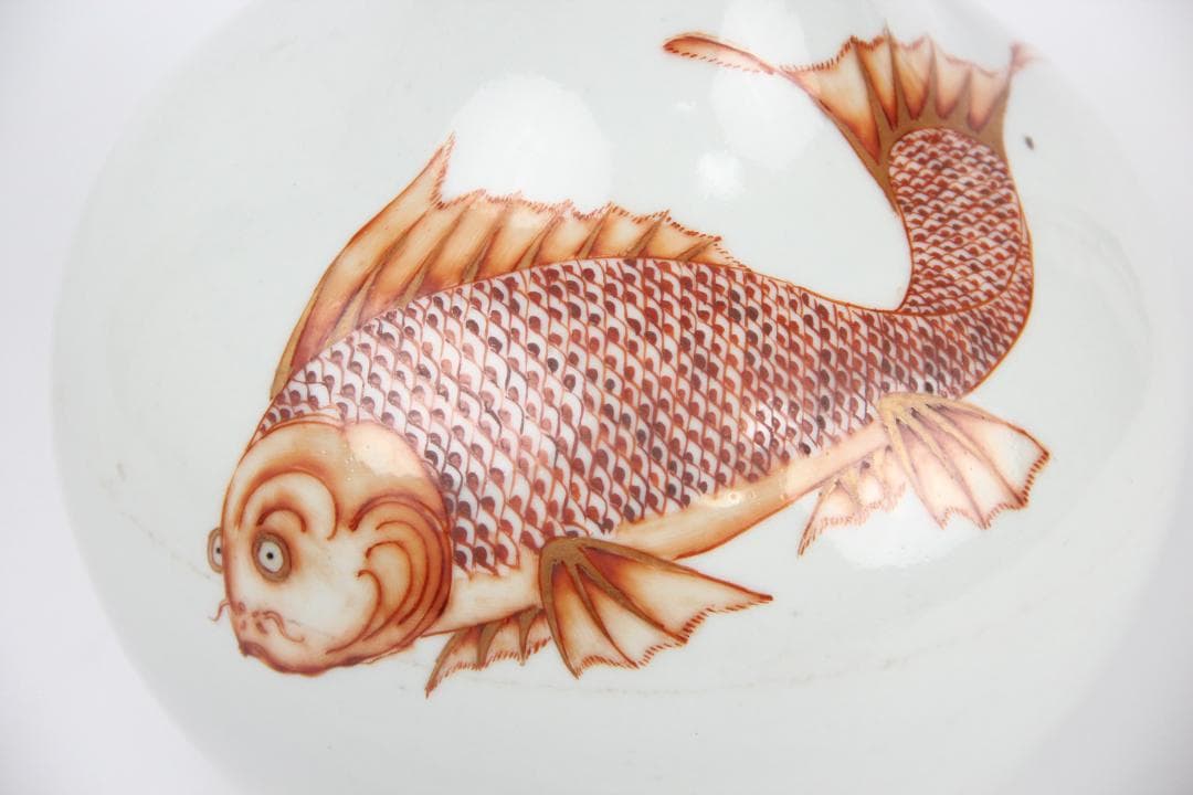 中国美術　白地紅彩　魚図　天球瓶　古陶磁器　花瓶 JX2119