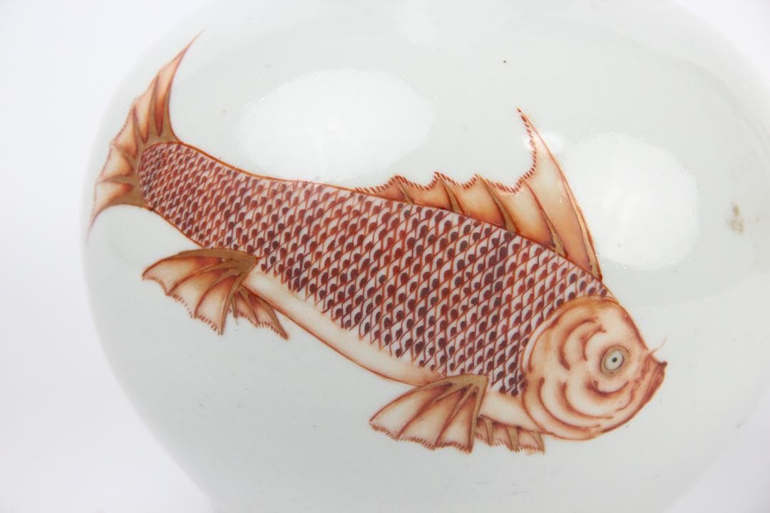 中国美術　白地紅彩　魚図　天球瓶　古陶磁器　花瓶 JX2119