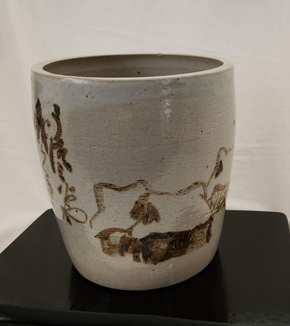 陶器 　大きめの火鉢　骨董　茅葺きの家　手描き