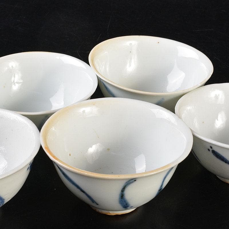 中国　南京染付　青花メダカ文煎茶碗　五客　M　6845