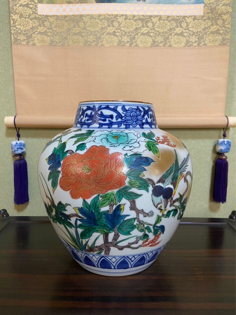 【九谷焼 8号花瓶 牡丹 九谷白峰 松山作】アンティーク 新品 花器 壺 床の間