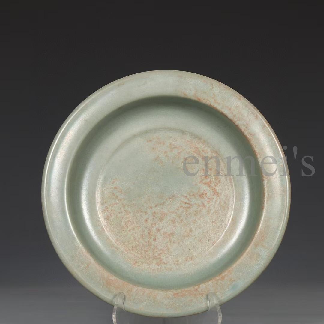 中国古美術・宋汝窯款・天青釉折沿盤・観賞用陶磁器・陶芸・置物・食器・禮品・木箱付