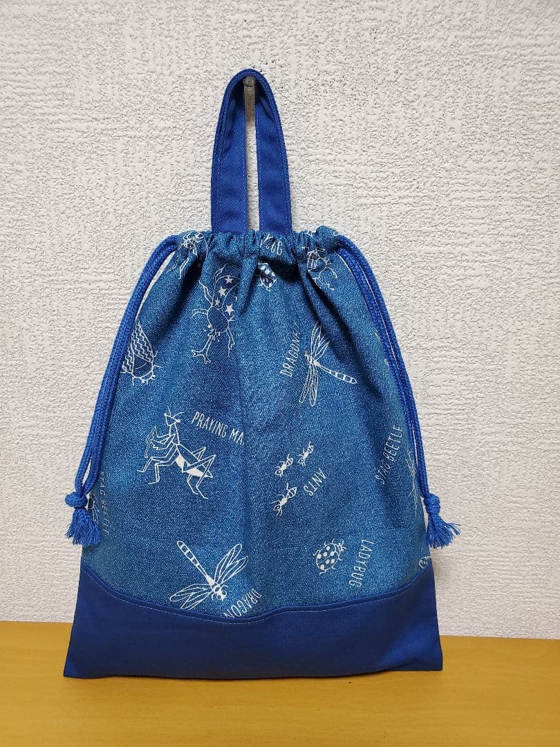 持ち手付き巾着袋  上靴入れ    Bシンプル昆虫柄×ブルー
