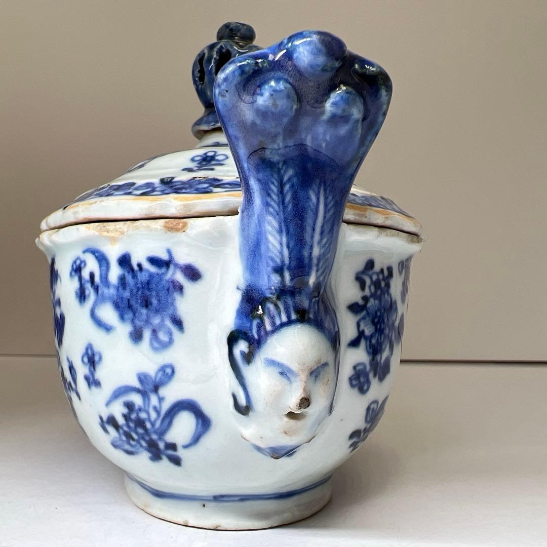 中国明末清朝時代　古染付極上手　替火屋付香炉　共箱　東Y8-0313☆2F