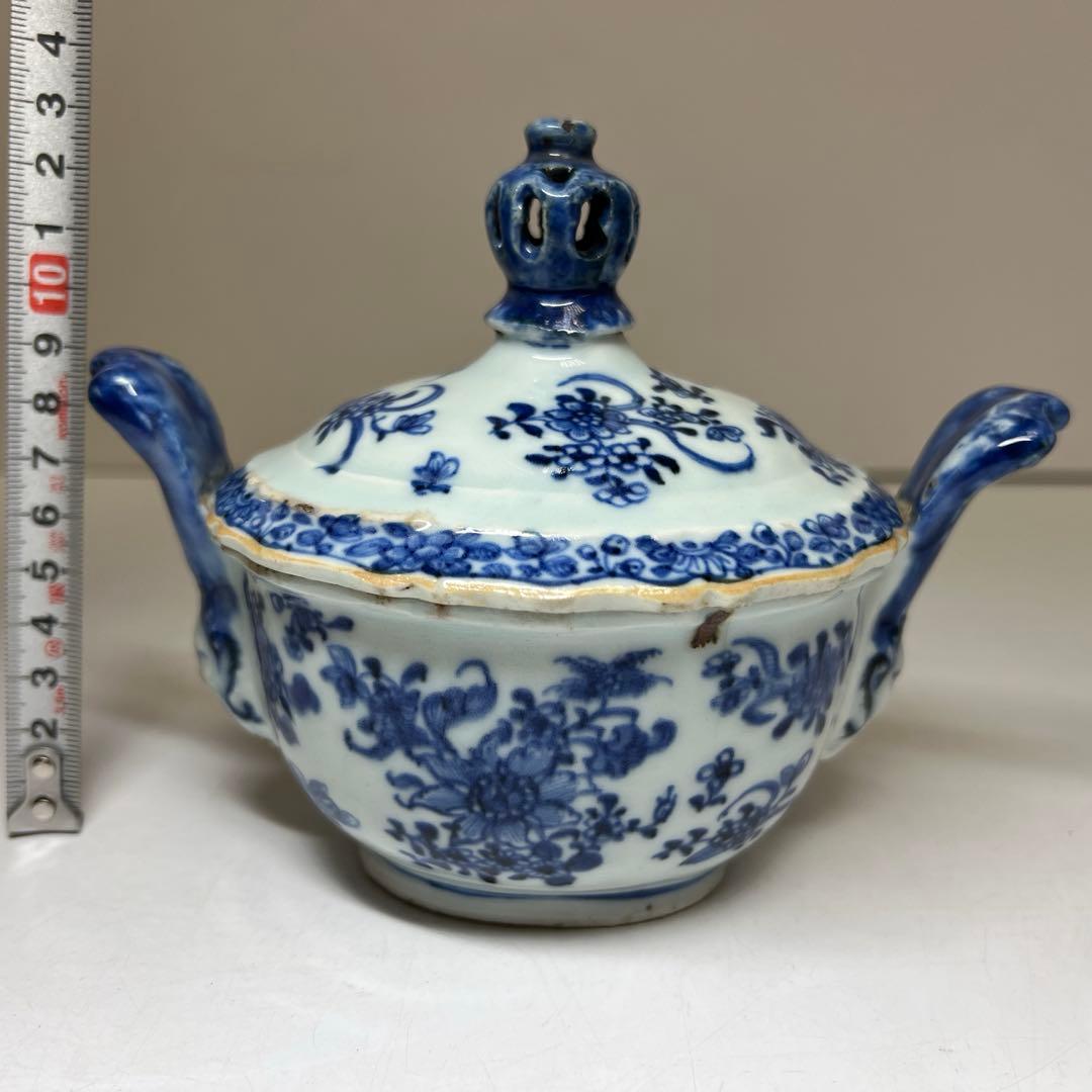 中国明末清朝時代　古染付極上手　替火屋付香炉　共箱　東Y8-0313☆2F