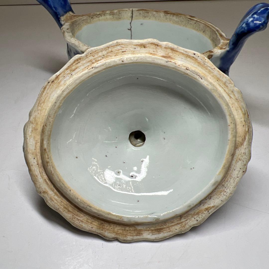 中国明末清朝時代　古染付極上手　替火屋付香炉　共箱　東Y8-0313☆2F