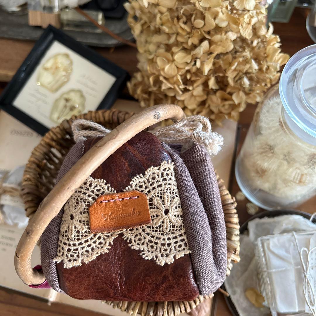 ココア ブラウン レース フランスアンティーク風 巾着