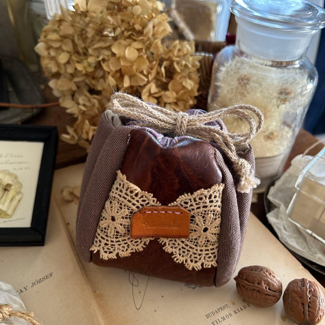 ココア ブラウン レース フランスアンティーク風 巾着