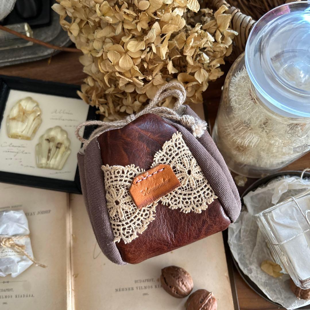 ココア ブラウン レース フランスアンティーク風 巾着