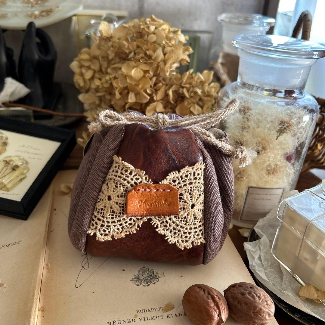 ココア ブラウン レース フランスアンティーク風 巾着