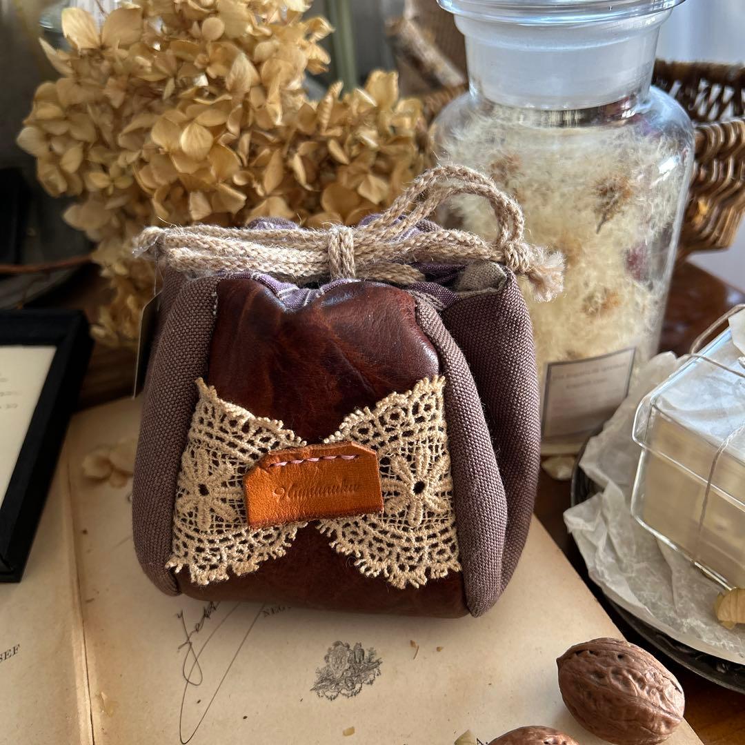 ココア ブラウン レース フランスアンティーク風 巾着