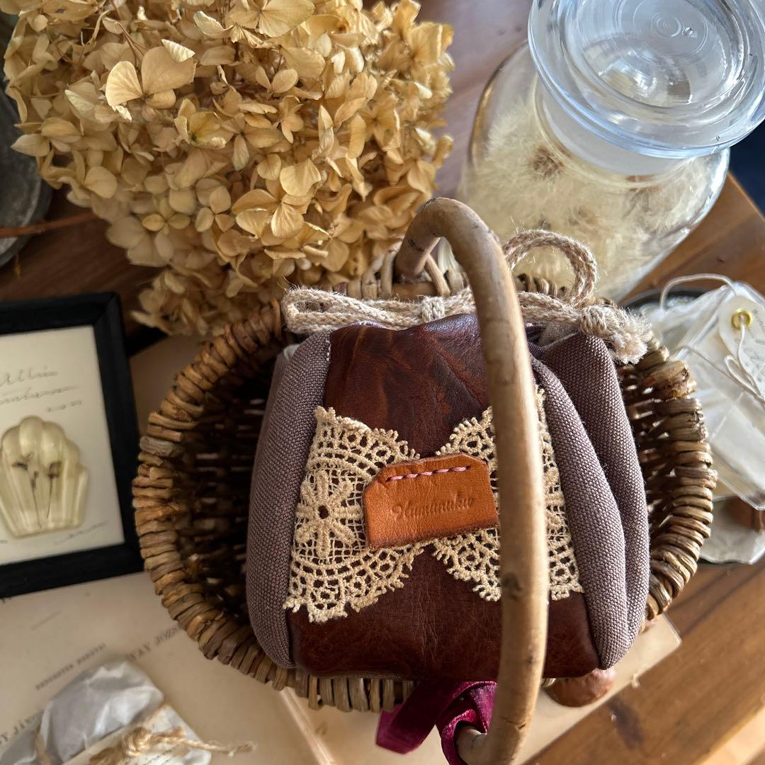 ココア ブラウン レース フランスアンティーク風 巾着