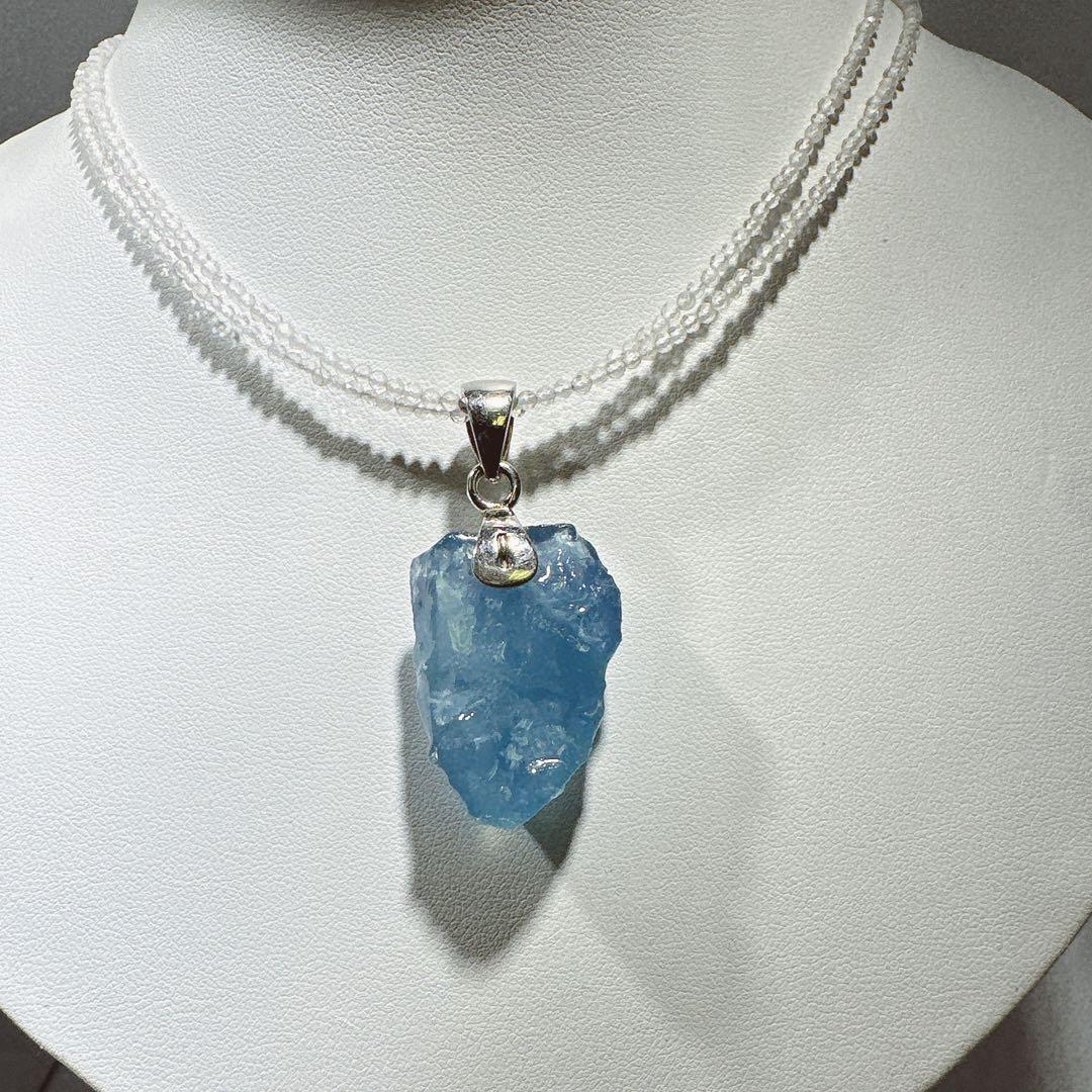 アクアマリンペンダント水晶ミラーカット2ミリ2連ネックレスNO25-1758