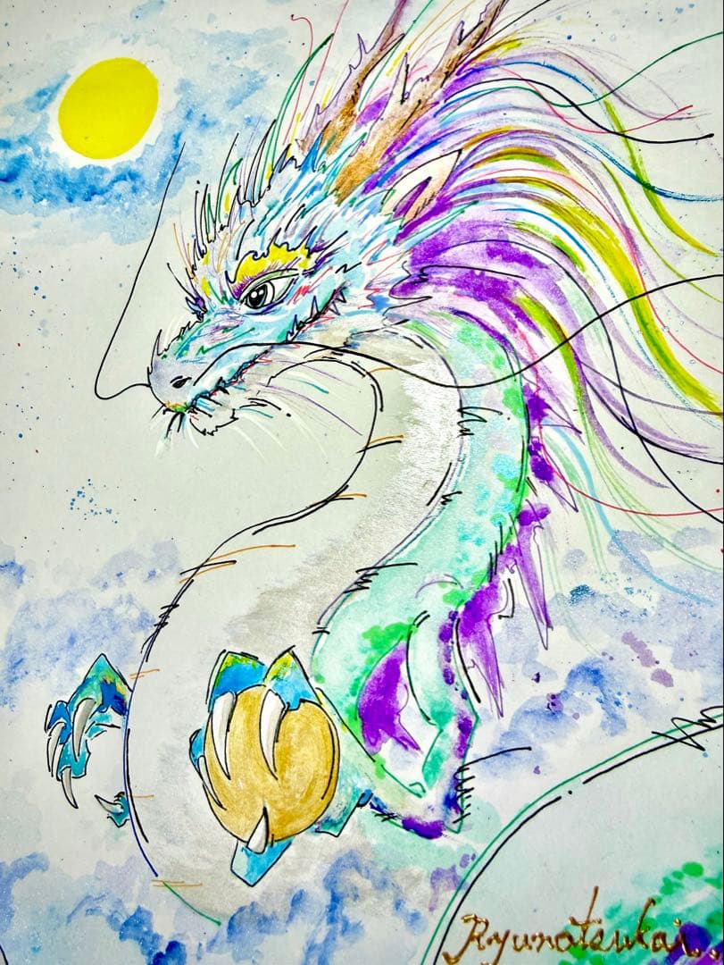 原画 「夜風に顕現せし龍神」開運絵画 龍 龍神 ドローイング 龍ノツカイ