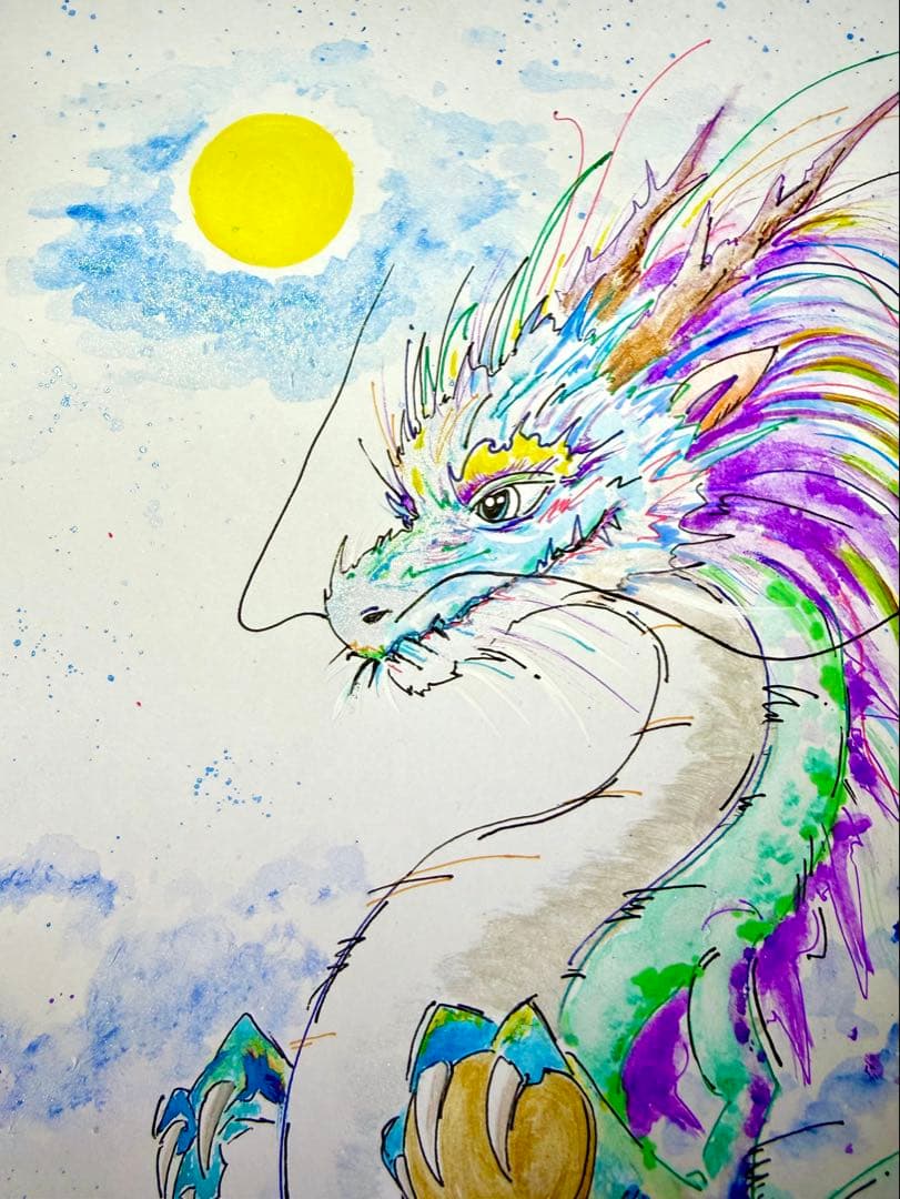 原画 「夜風に顕現せし龍神」開運絵画 龍 龍神 ドローイング 龍ノツカイ