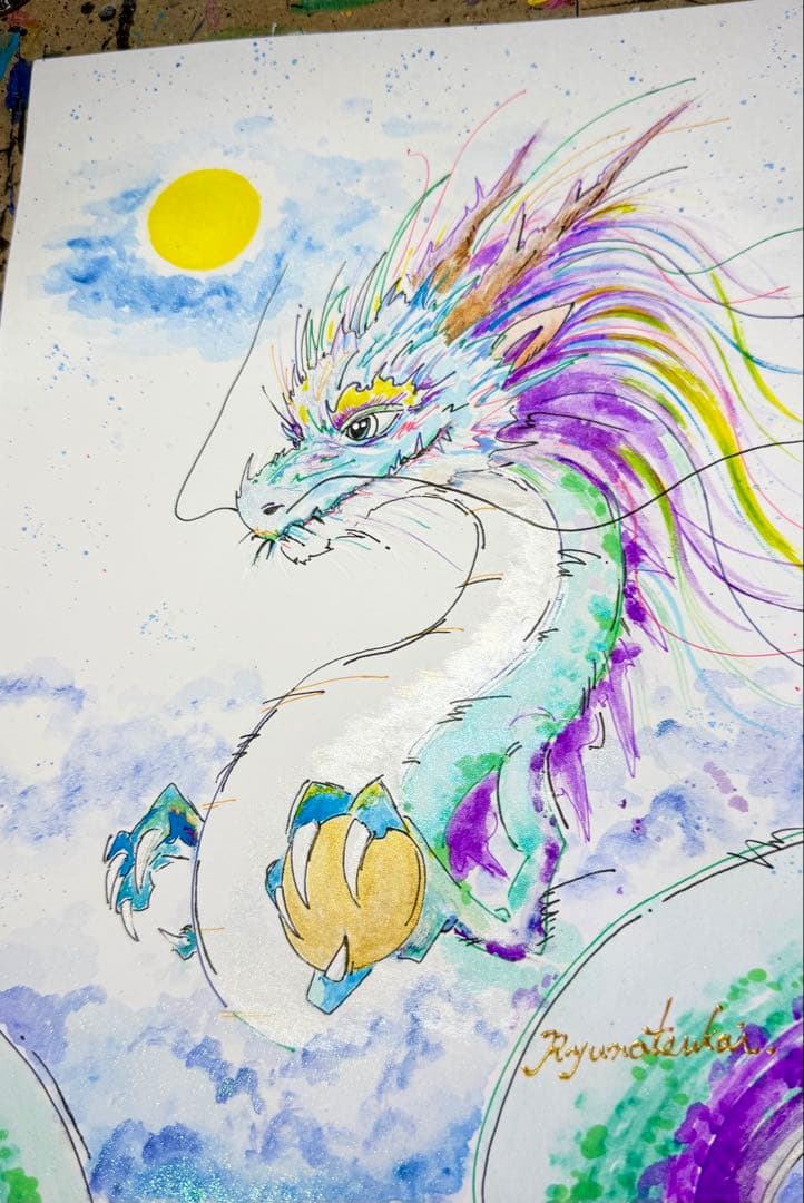 原画 「夜風に顕現せし龍神」開運絵画 龍 龍神 ドローイング 龍ノツカイ