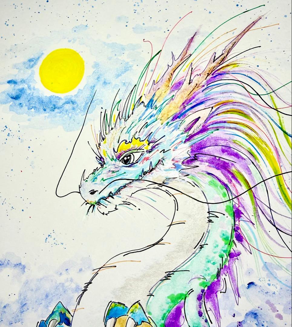 原画 「夜風に顕現せし龍神」開運絵画 龍 龍神 ドローイング 龍ノツカイ