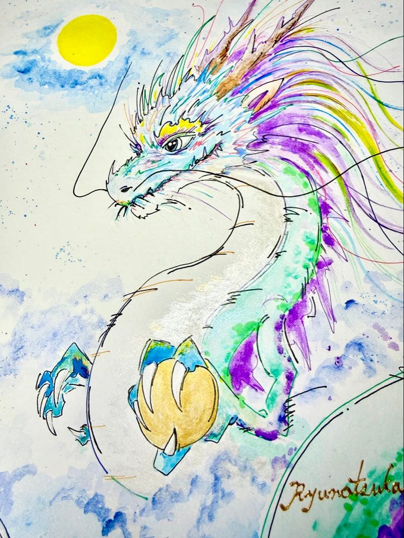 原画 「夜風に顕現せし龍神」開運絵画 龍 龍神 ドローイング 龍ノツカイ