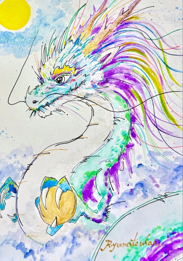 原画 「夜風に顕現せし龍神」開運絵画 龍 龍神 ドローイング 龍ノツカイ