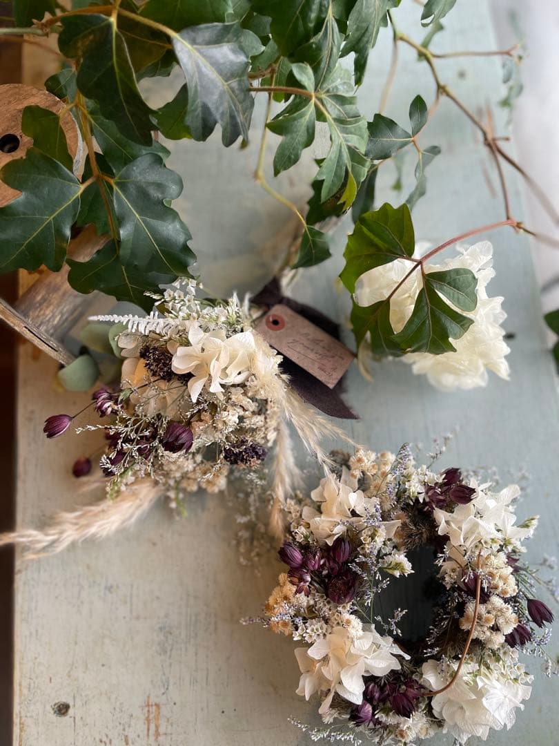 白いあじさいとアストランチアの手のひらにのる程のリース⚪︎ミニリース