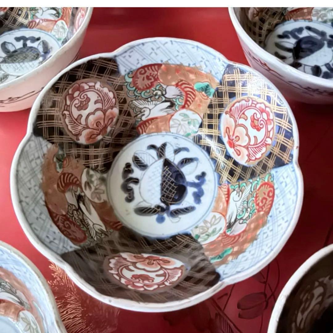 感謝お嫁入り‼️春‼️伊万里錦手向付おひたしにはこれ‼️桃手鶴六弁花在銘向付鉢 8客