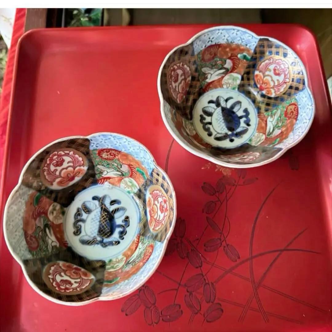 感謝お嫁入り‼️春‼️伊万里錦手向付おひたしにはこれ‼️桃手鶴六弁花在銘向付鉢 8客