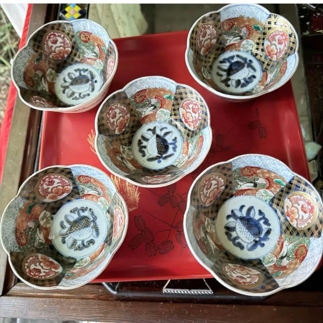 感謝お嫁入り‼️春‼️伊万里錦手向付おひたしにはこれ‼️桃手鶴六弁花在銘向付鉢 8客