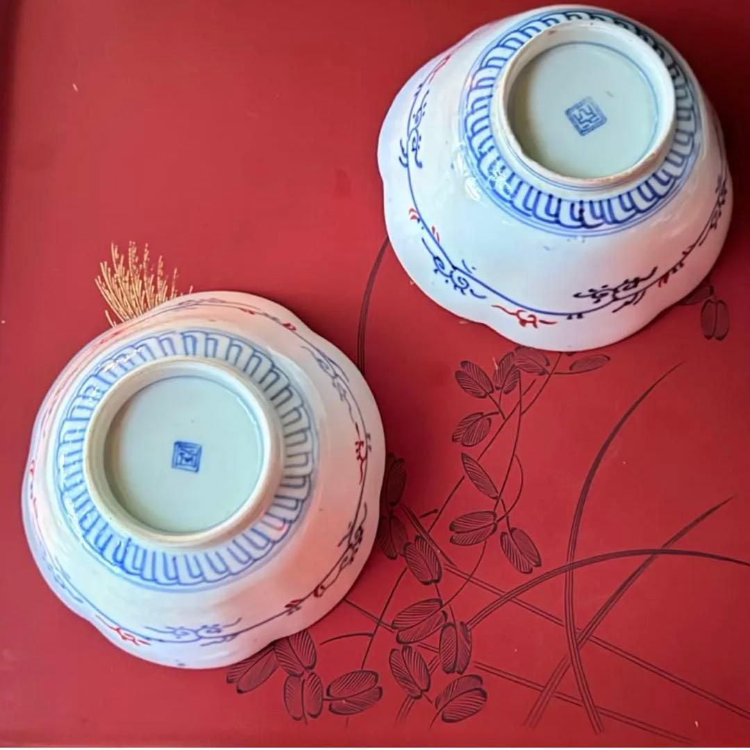 感謝お嫁入り‼️春‼️伊万里錦手向付おひたしにはこれ‼️桃手鶴六弁花在銘向付鉢 8客