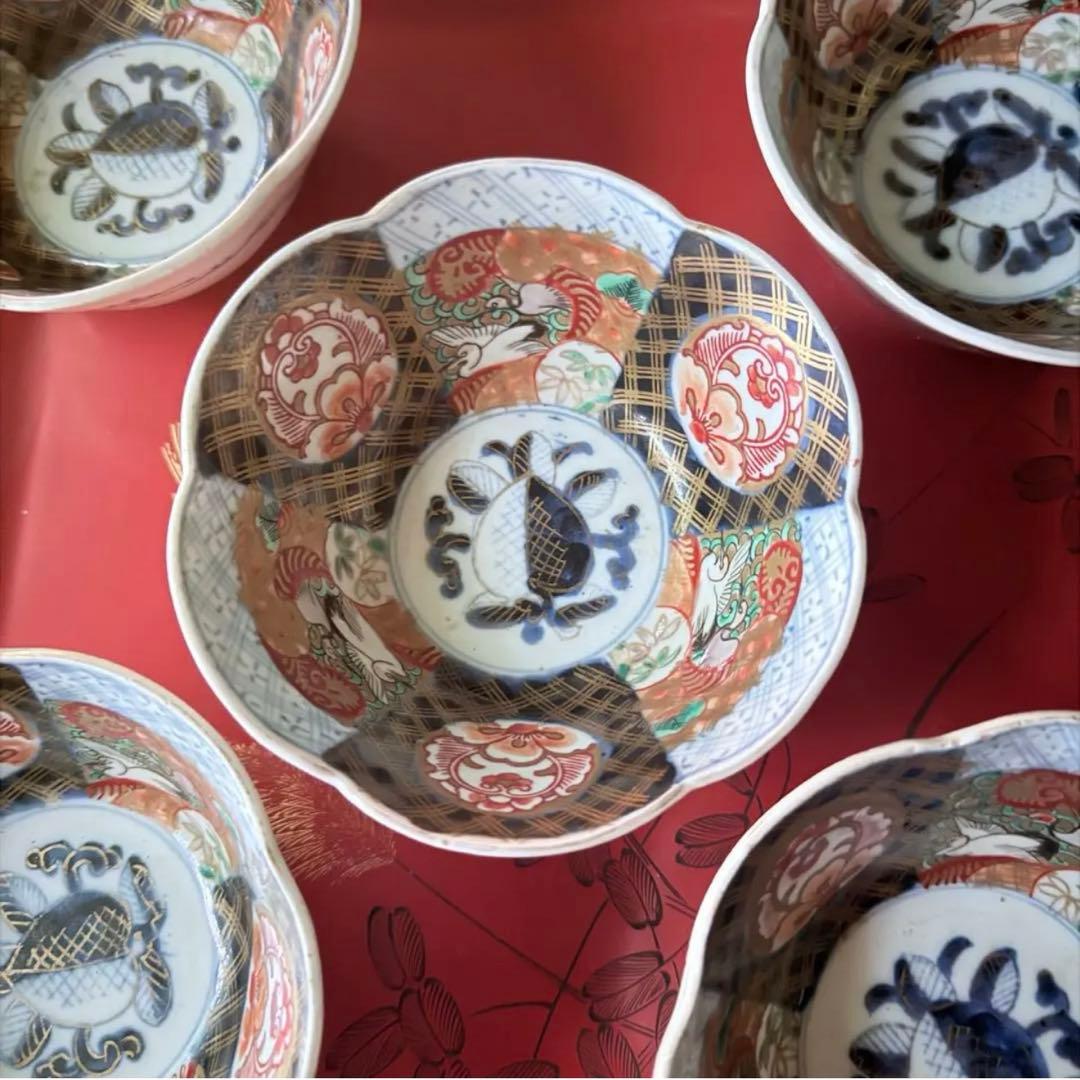 感謝お嫁入り‼️春‼️伊万里錦手向付おひたしにはこれ‼️桃手鶴六弁花在銘向付鉢 8客