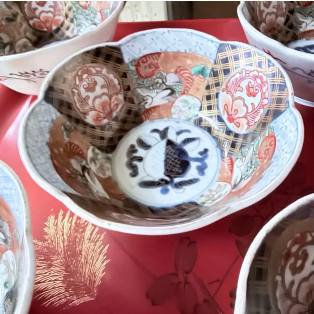 感謝お嫁入り‼️春‼️伊万里錦手向付おひたしにはこれ‼️桃手鶴六弁花在銘向付鉢 8客