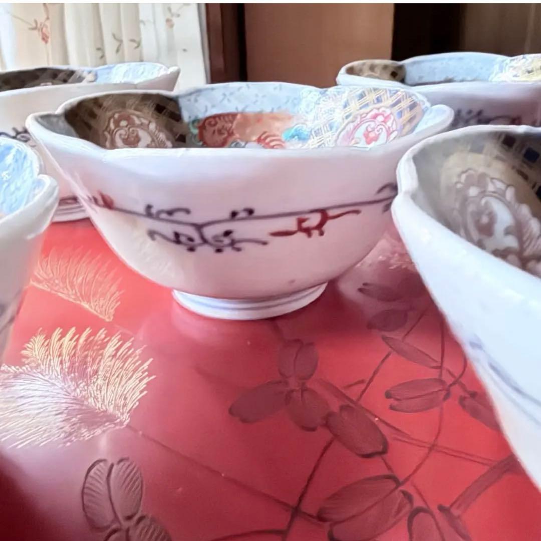 感謝お嫁入り‼️春‼️伊万里錦手向付おひたしにはこれ‼️桃手鶴六弁花在銘向付鉢 8客