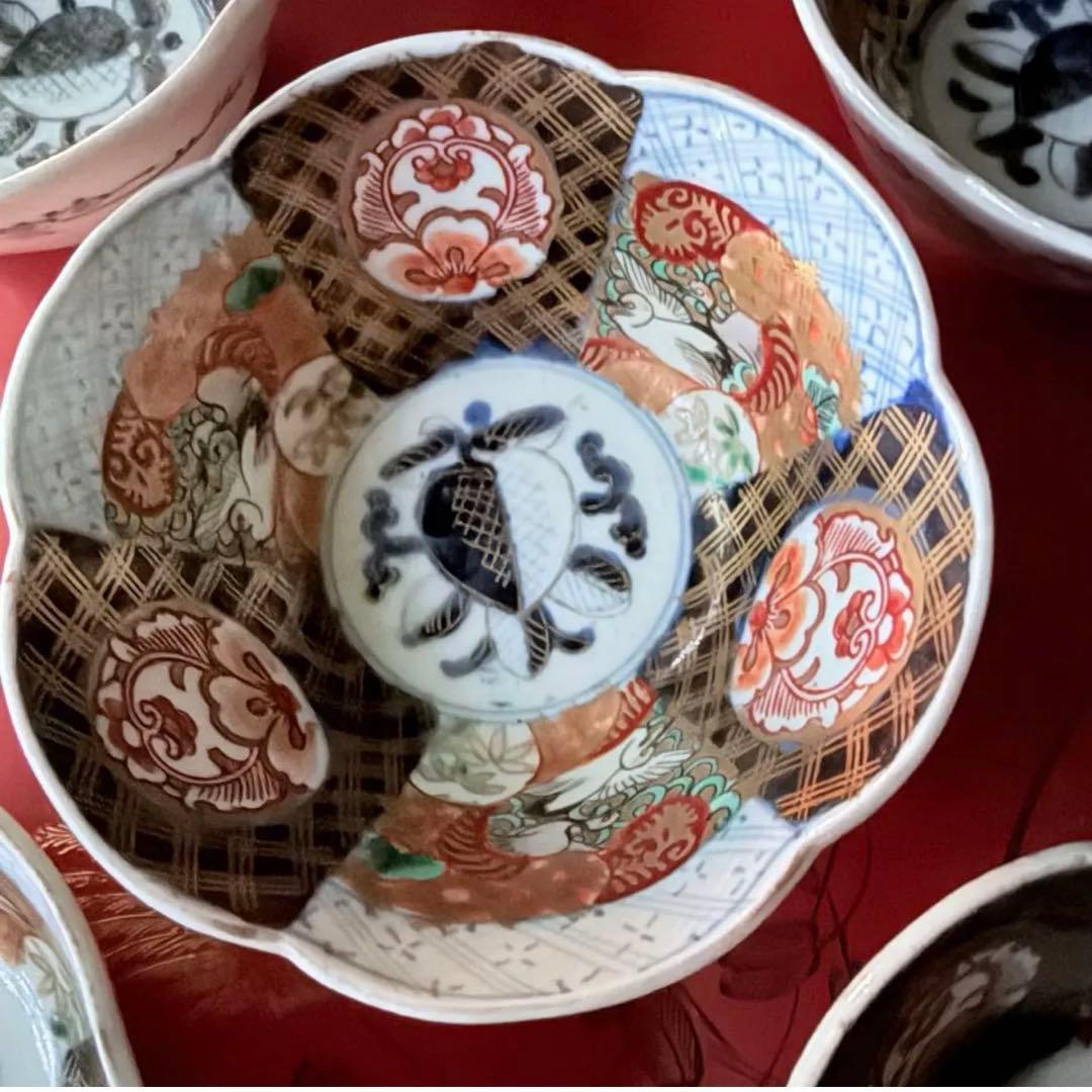 感謝お嫁入り‼️春‼️伊万里錦手向付おひたしにはこれ‼️桃手鶴六弁花在銘向付鉢 8客