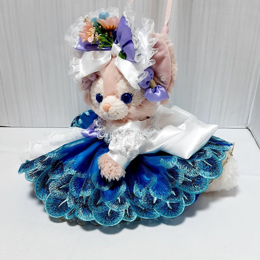 【メル】リーナベル ショルダー孔雀柄の刺繍ドレス(青)＋お靴3足セット