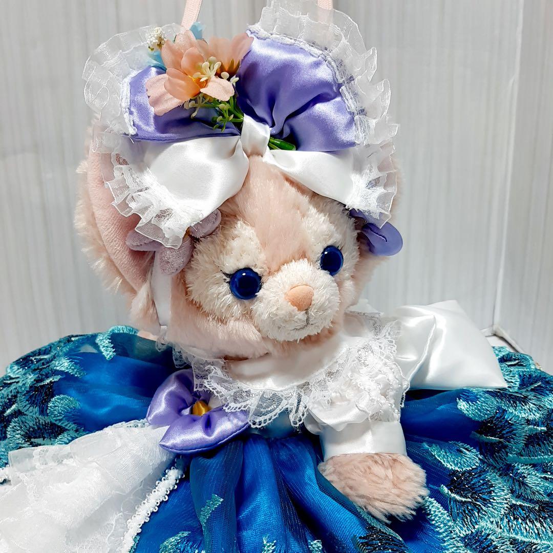 【メル】リーナベル ショルダー孔雀柄の刺繍ドレス(青)＋お靴3足セット