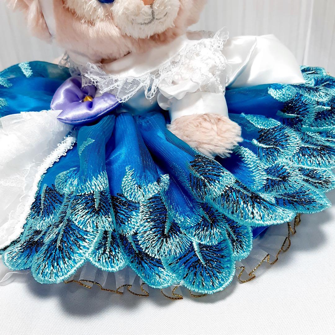 【メル】リーナベル ショルダー孔雀柄の刺繍ドレス(青)＋お靴3足セット