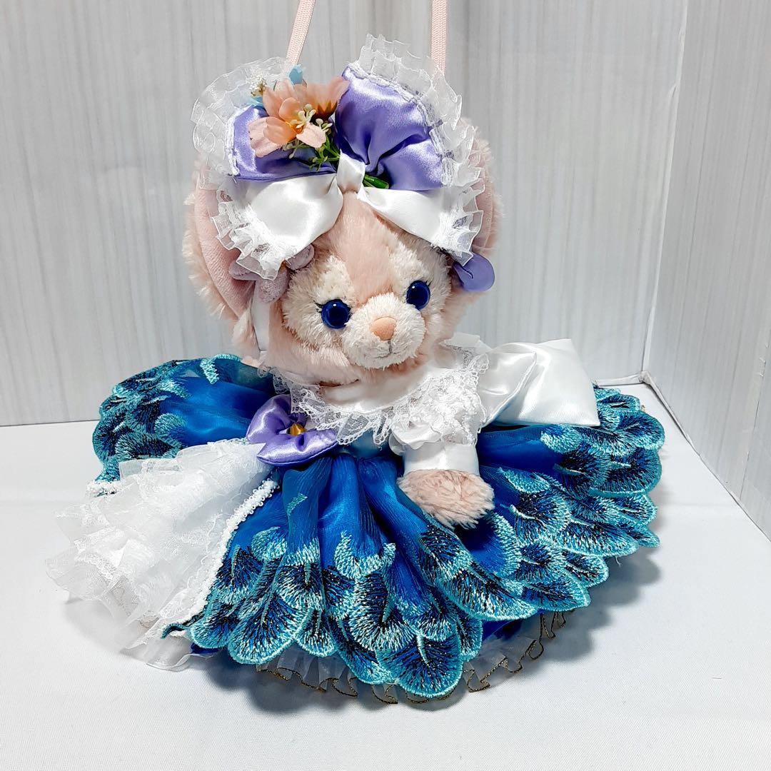 【メル】リーナベル ショルダー孔雀柄の刺繍ドレス(青)＋お靴3足セット